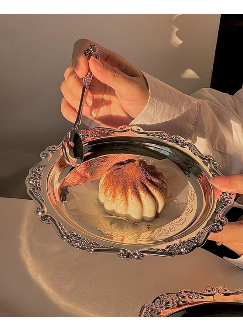 Round Decorative Tray 7.9in Metal Dessert Plates Vintage Coffee Table Tray for Snacks Fruit Silver - Image 4